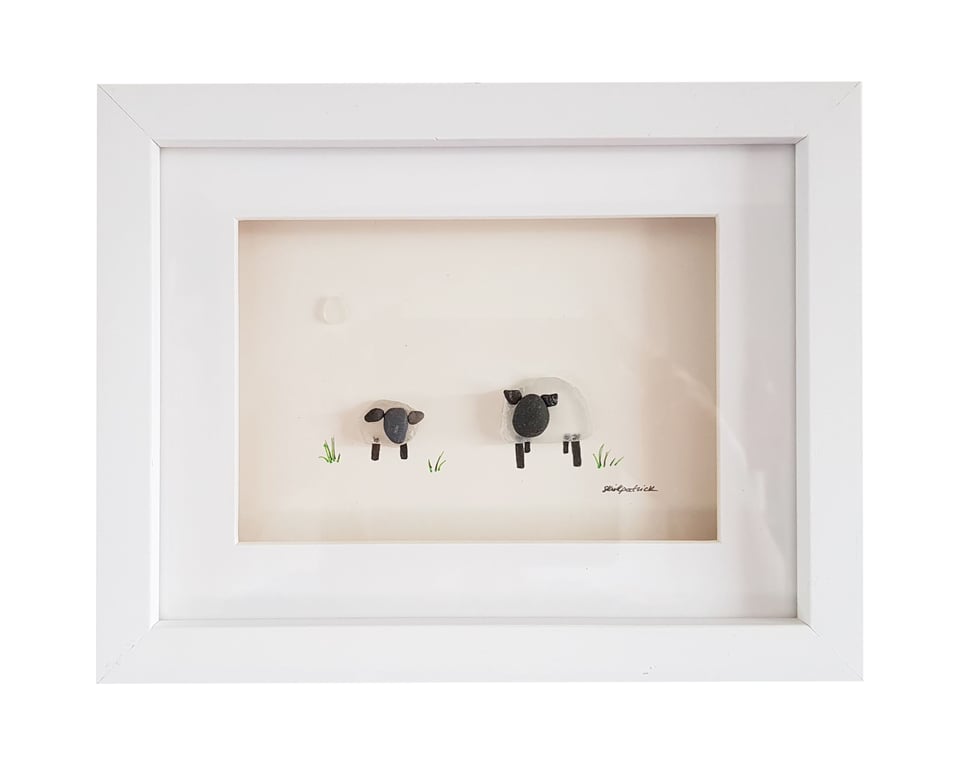 Spring Lambs - Sea Glass & Pebble Picture - Framed Unique Handmade Art