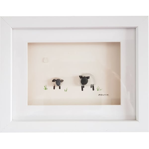 Spring Lambs - Sea Glass & Pebble Picture - Framed Unique Handmade Art