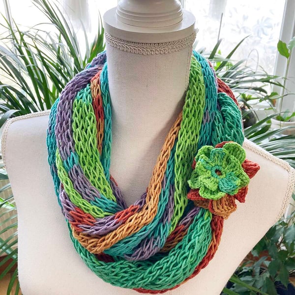 Crochet mesh rainbow colors shawl hand knit scarf with green crochet flower