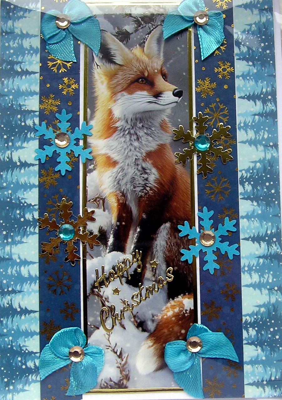 Hand Crafted Decoupage Chistmas Card - Happy Christmas (3233) Wild Red Fox