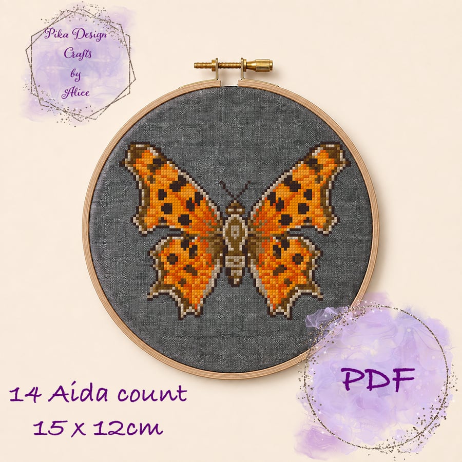 Image of Comma Butterfly counted cross stitch pattern pdf 