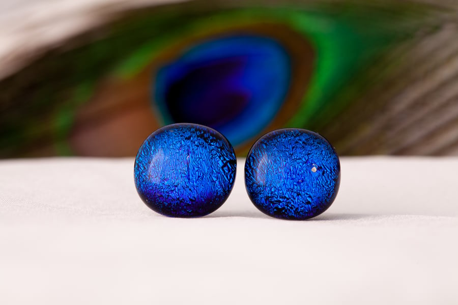 Handmade Blue Fused Glass Sterling Silver Stud Earrings