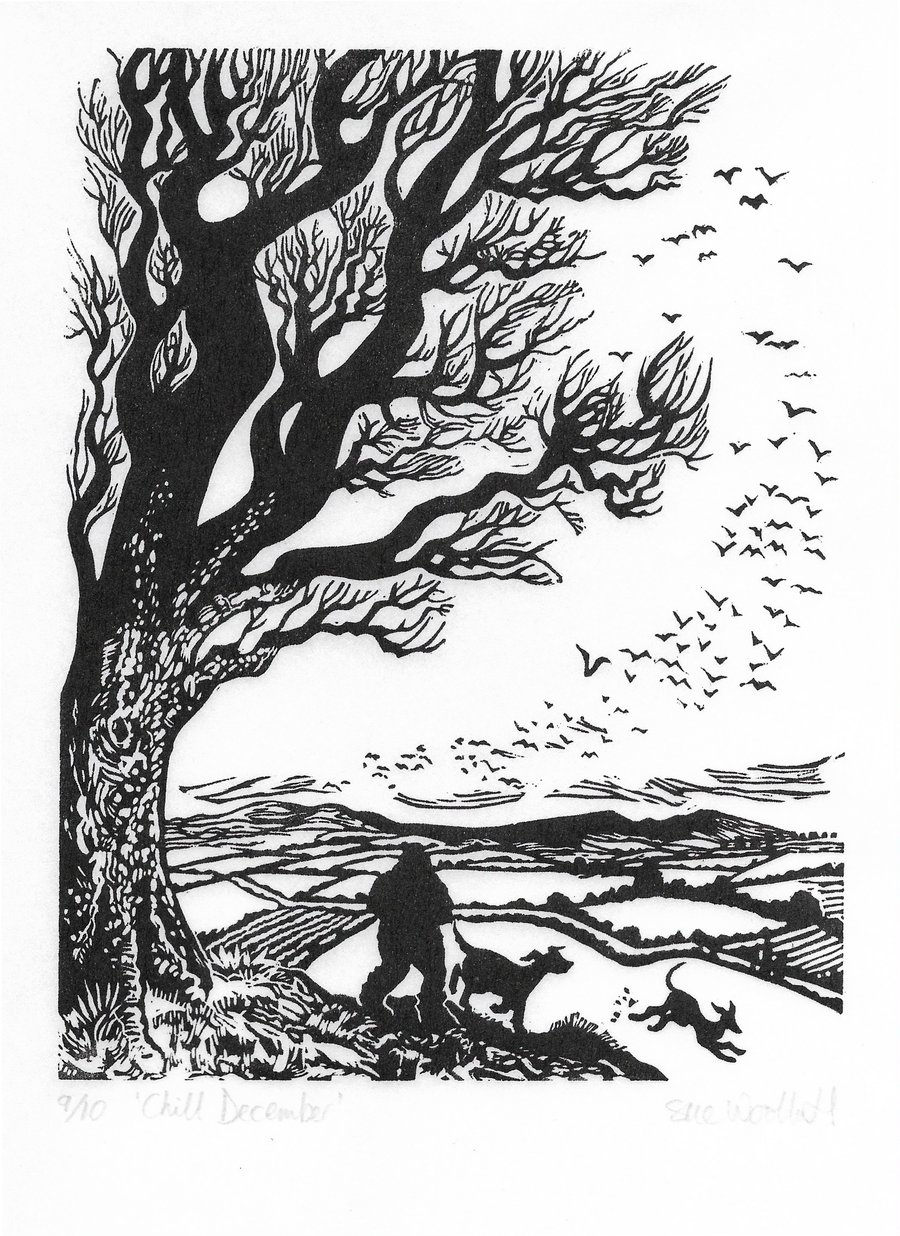 Chill December... hand printed lino print