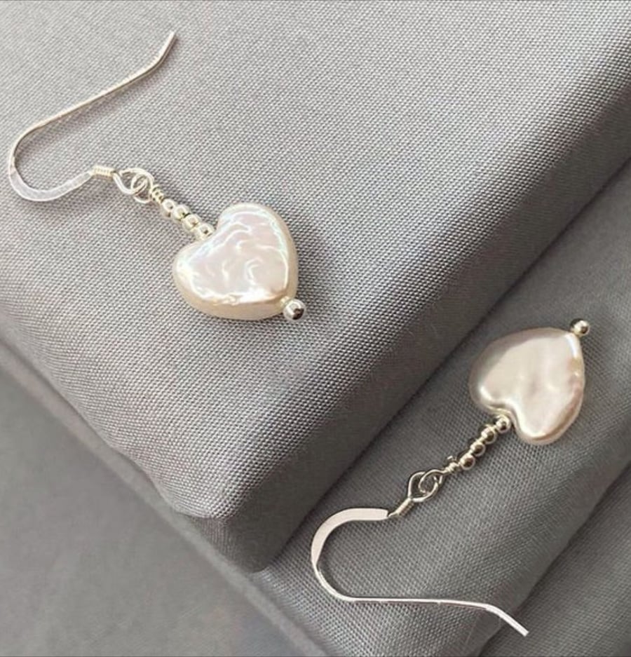 Dainty Heart Shaped Cultured Pearl & Sterling Silver Bridal Earrings
