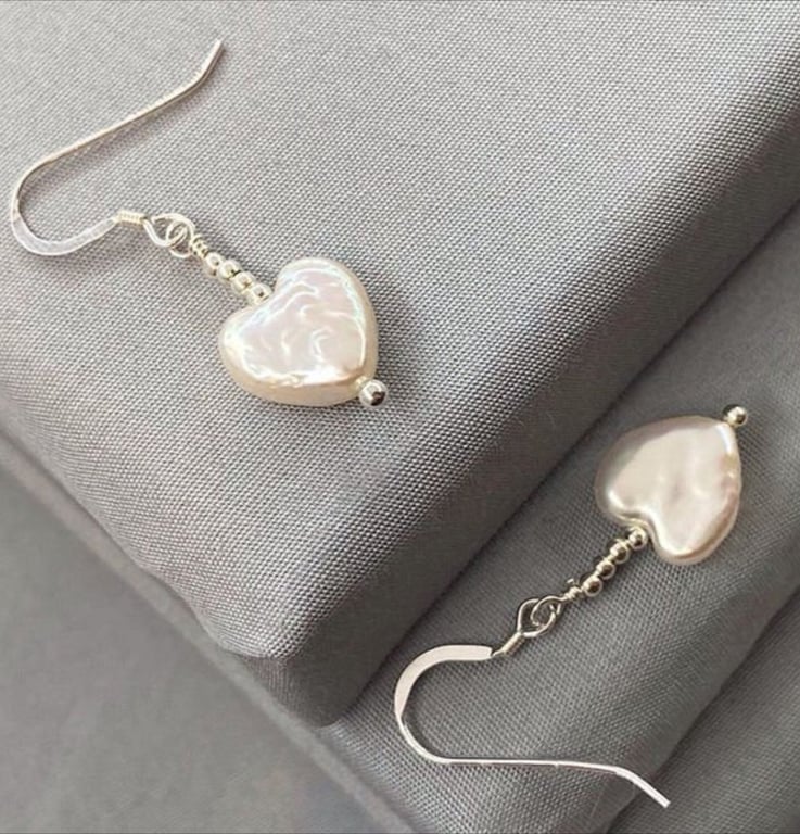 Dainty Heart Shaped Cultured Pearl & Sterling Silver Bridal Earrings
