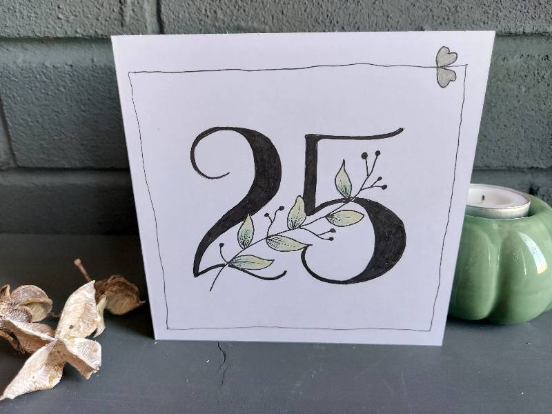 Wedding Anniversary Card - Hand-Drawn Floral or Leaf Stem Number (25,30,40)