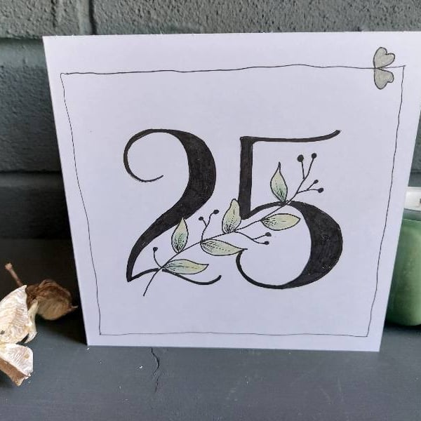 Wedding Anniversary Card - Hand-Drawn Floral or Leaf Stem Number (25,30,40)