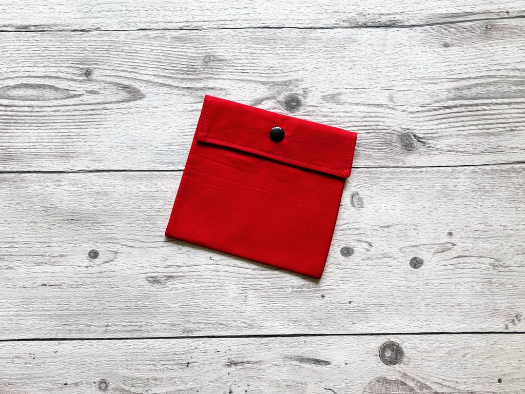 Red pad pouch. Discreet colourful cotton fabric sanitary bag. 