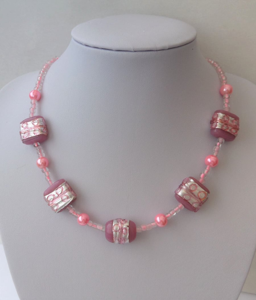 Pink glass bead necklace, pearl and foiled lampwork beads