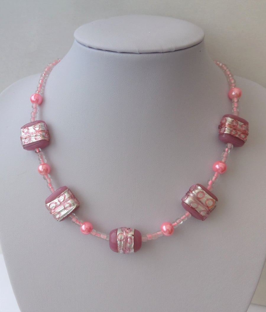 Pink glass bead necklace, pearl and foiled lamp... Folksy