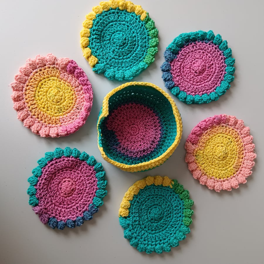 NOT AVAILABLE Crochet Coasters (Bright Pastels) - set of 6 plus holder