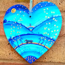 Badger by moonlight  on a heart shape 18 x 18 cm   with  golden leaves 