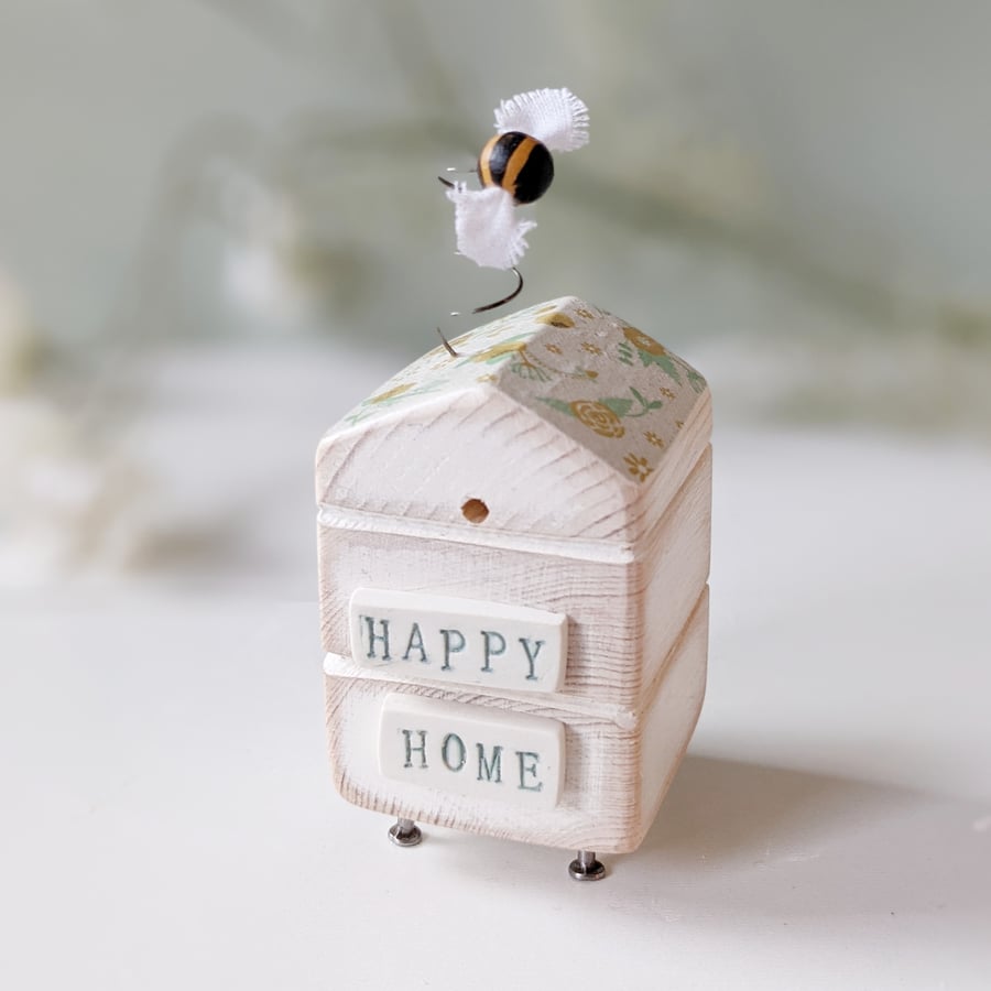 Wooden Beehive With Little Bee 'Happy Home'