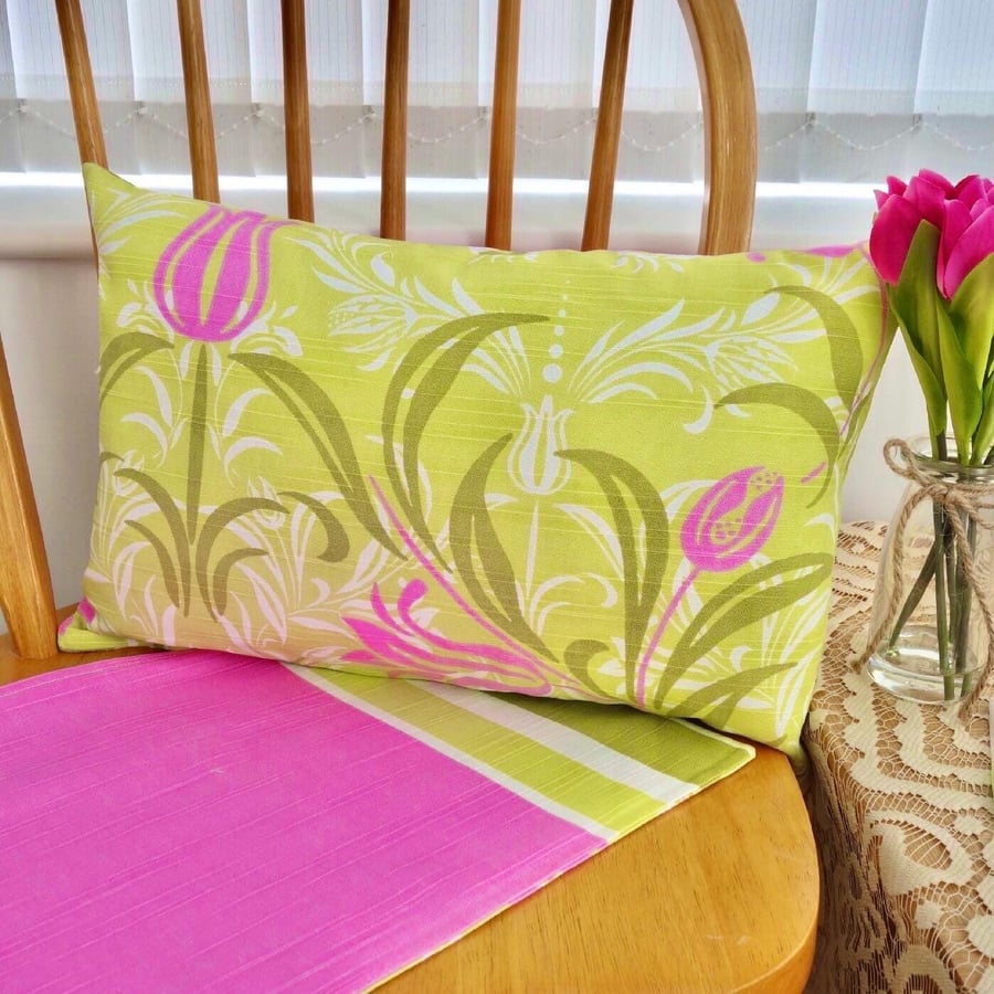 CLEARANCE Cushion with Pad: Green Floral with striped reverse 43x30cm