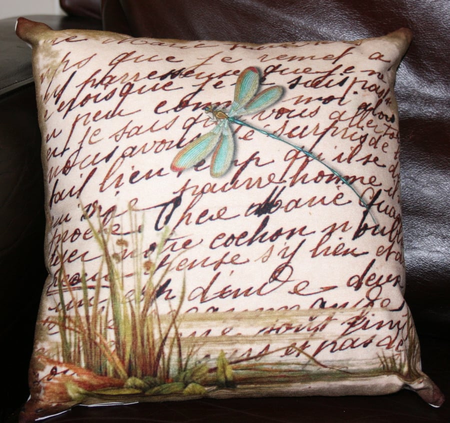   Cushion Dragonfly on the river beige teal home decor soft furnishings 