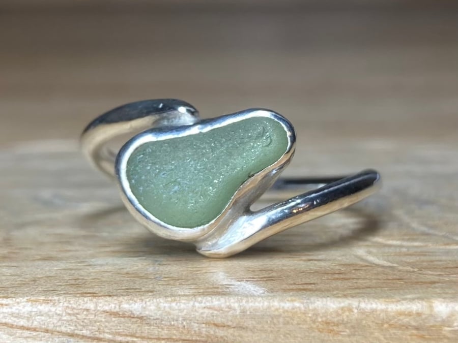 Handmade Sterling & Fine Silver Wrap Ring with Pale Sage-Green Welsh Sea-Glass