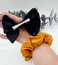 Black damask clip on bow and mustard yellow satin scrunchie.   - Image 5