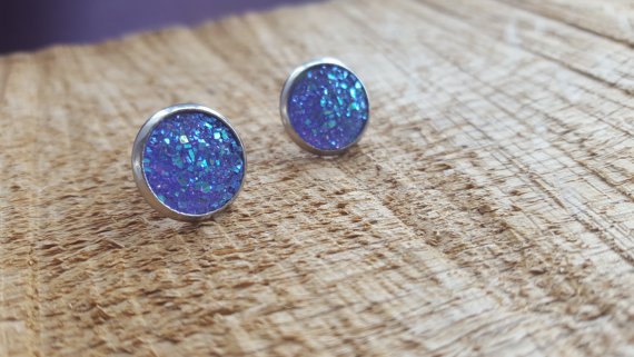 Faux druzy quartz purple cabochon hypoallergenic stud earrings