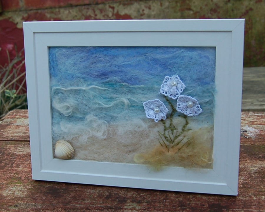 Coastal Art Needle felted and hand embroidered  framed picture - Seashore Scene