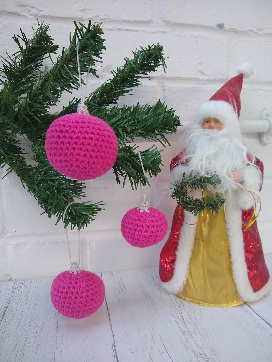 Pink crocheted bauble, alternative Christmas decoration, pet and child friendly