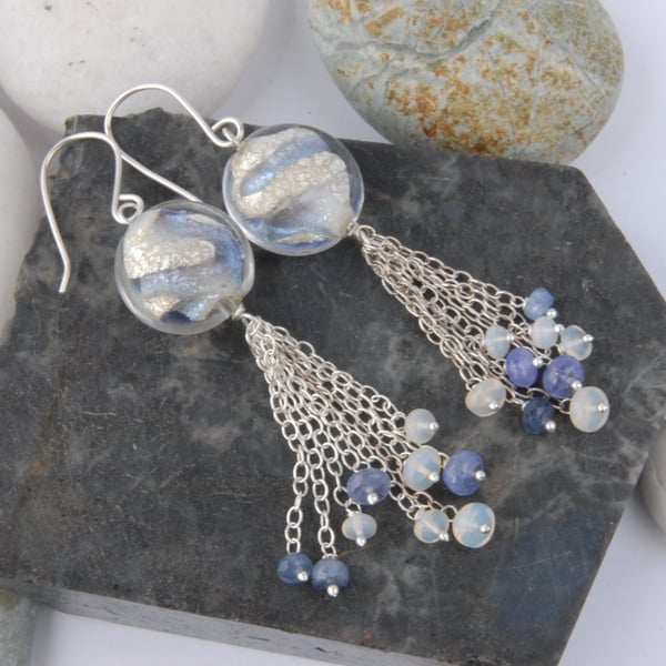 Sterling silver with murano glass, opals, tanzanite and sapphire earrings