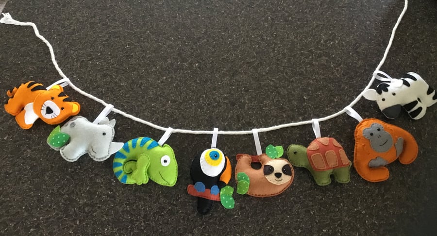 Animal Felt Garland, Nursery Decor, Baby Gift, Hand Stitched Wall Art
