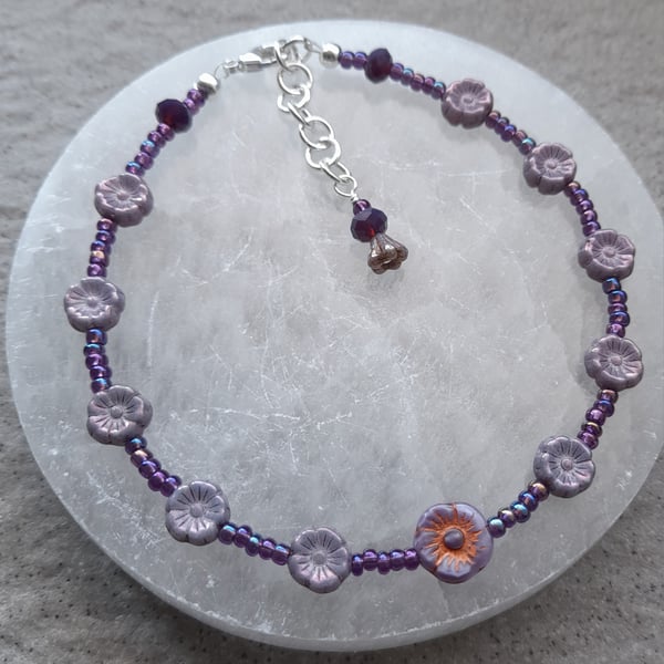 Anklet Purple and Lilac Czech Glass Flower Beads And Seed Beads   