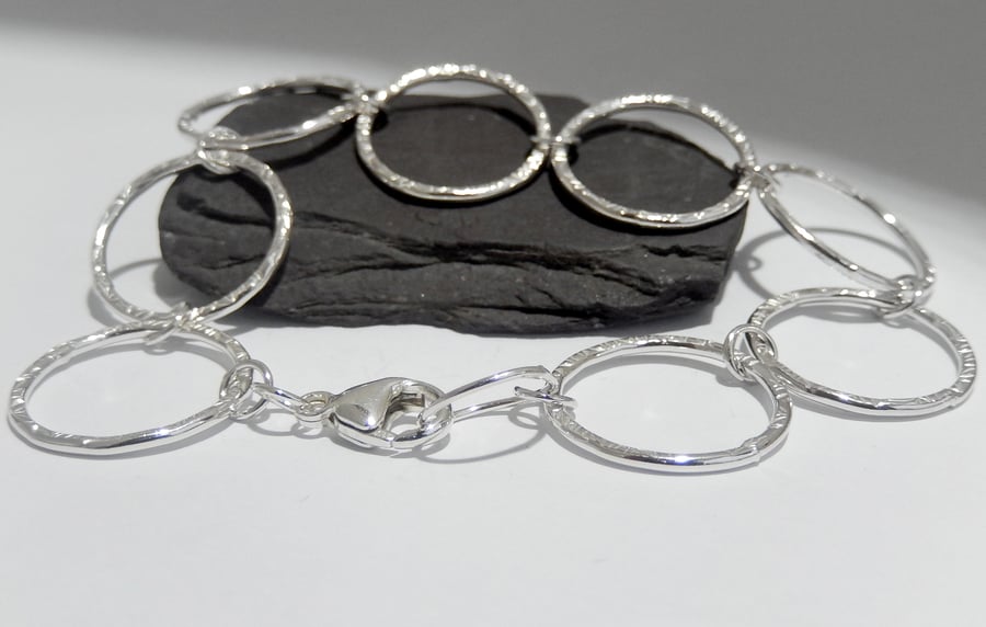 Hoop leaf textured bracelet sterling silver