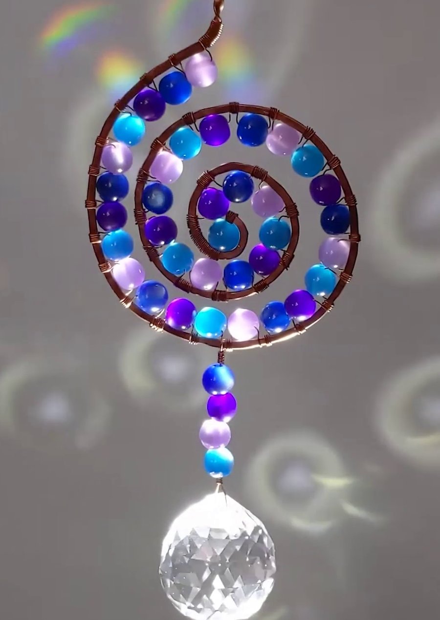 Suncatcher copper wire wrapped spiral shape with purple & blue beads