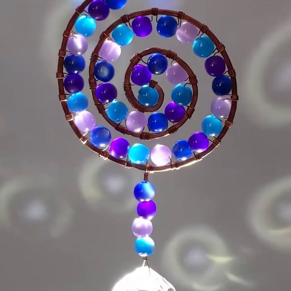 Suncatcher copper wire wrapped spiral shape with purple & blue beads