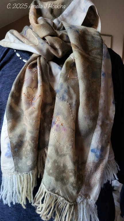 Fine Wool eco printed scarf with silk hand printed borders and hand dyed fringe