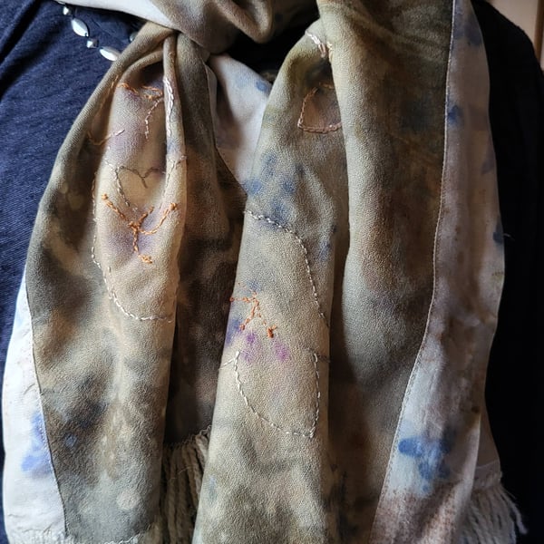 Fine Wool eco printed scarf with silk hand printed borders and hand dyed fringe