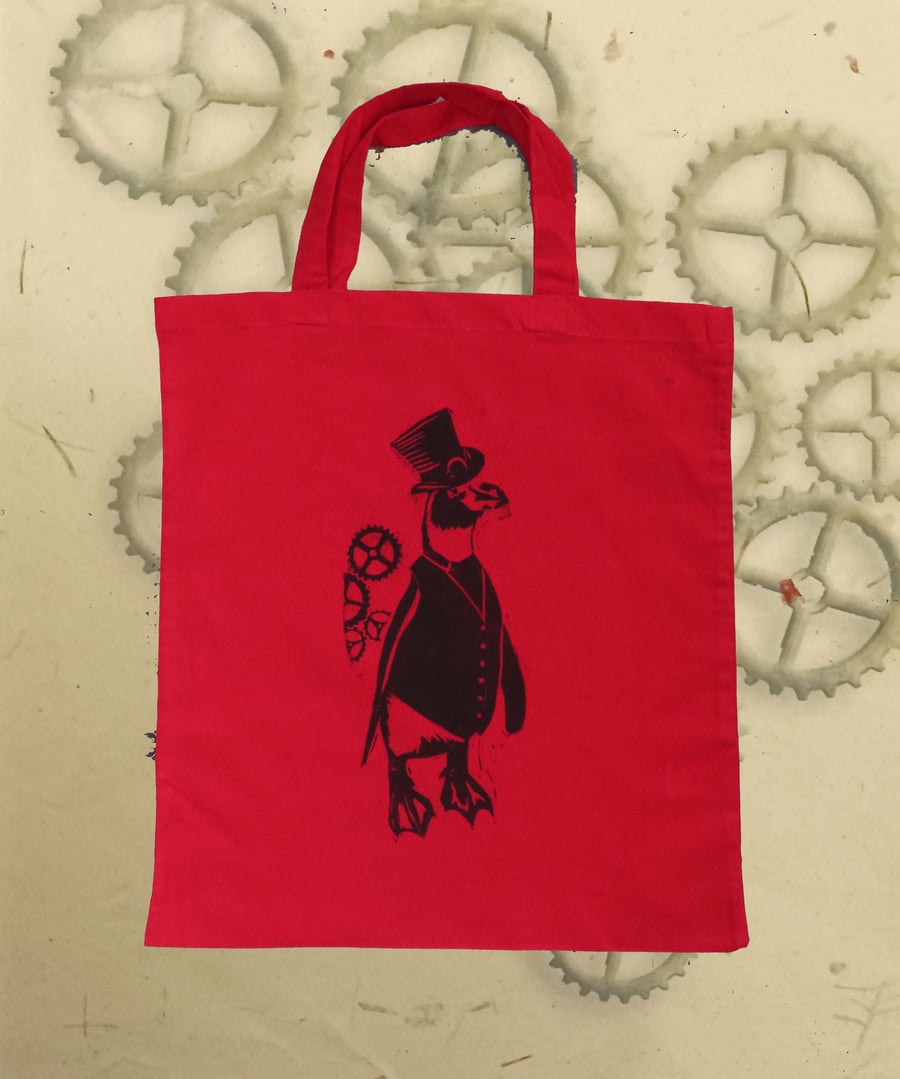 Steampunk Penguin Tote Bag Animal Linocut Hand Printed Red Shopping Bag