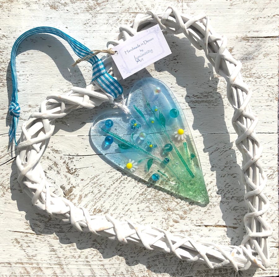 Glass Heart with Delicate Turquoise Flowers in Wicker Hanging Heart on Ribbon