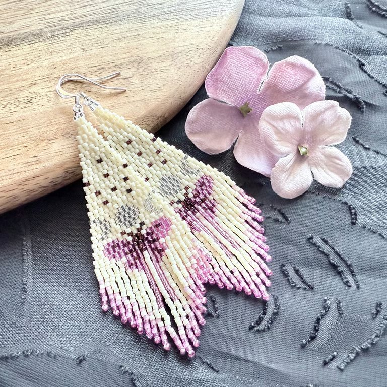 Pink butterfly beaded fringe earrings