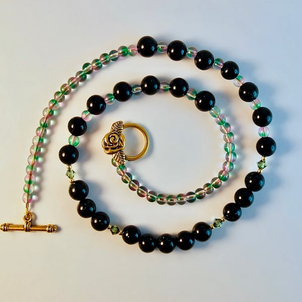 Green GoldstoneNecklace, Swarovski Crystals & Glass Beads - Handmade In Devon