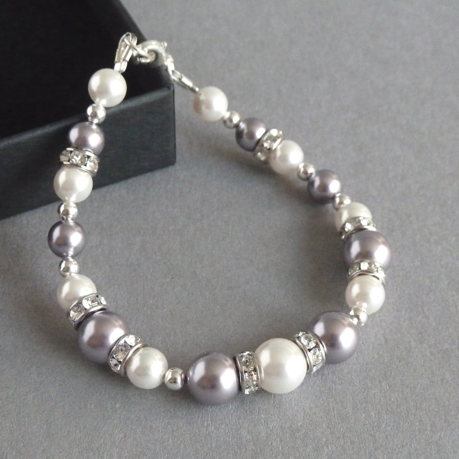 Lilac and White Pearl and Crystal Bracelet - Mauve Swarovski Pearl Bracelets
