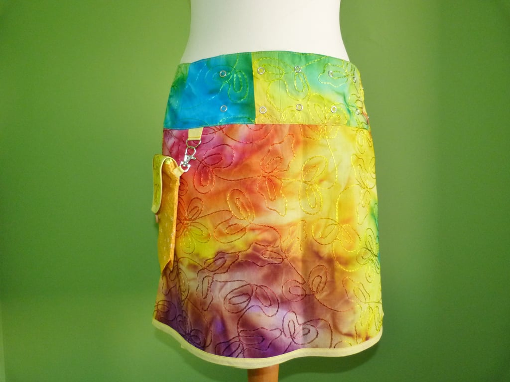 Adjustable Wrap Skirt 28" to 40" Waist with detachable Hip Bag. Yellow  Rainbow.