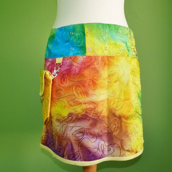 Adjustable Wrap Skirt 28" to 40" Waist with detachable Hip Bag. Yellow  Rainbow.