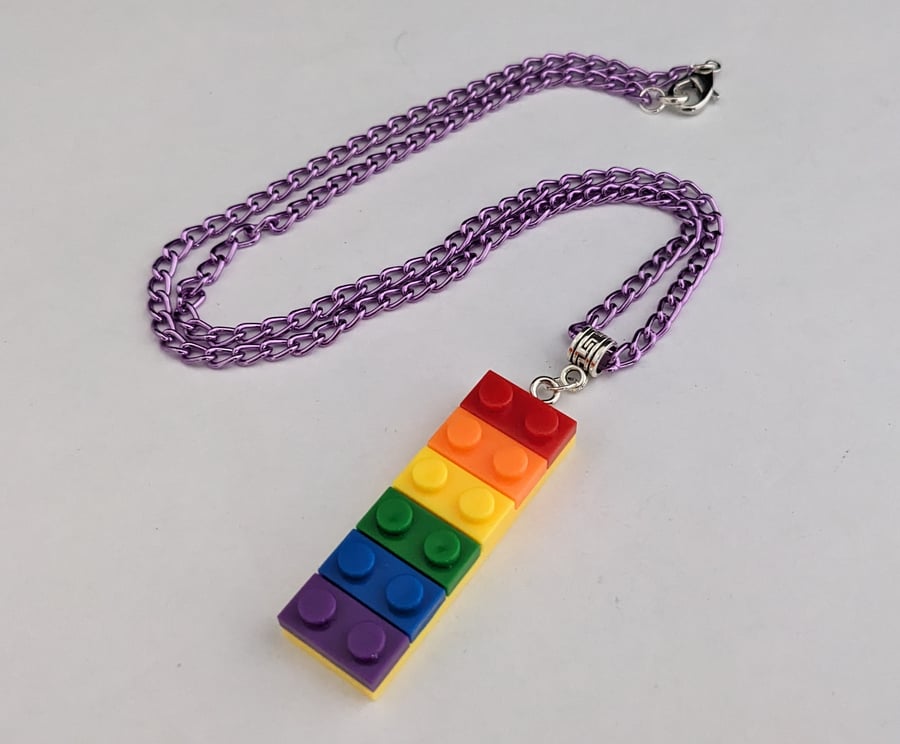 Rainbow Lego pendant on purple chain