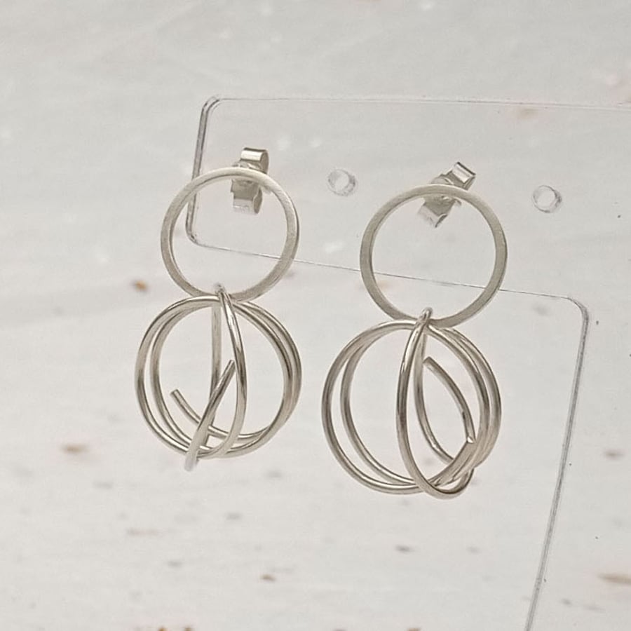 sterling silver circle & wire drop earrings - recycled silver jewellery 