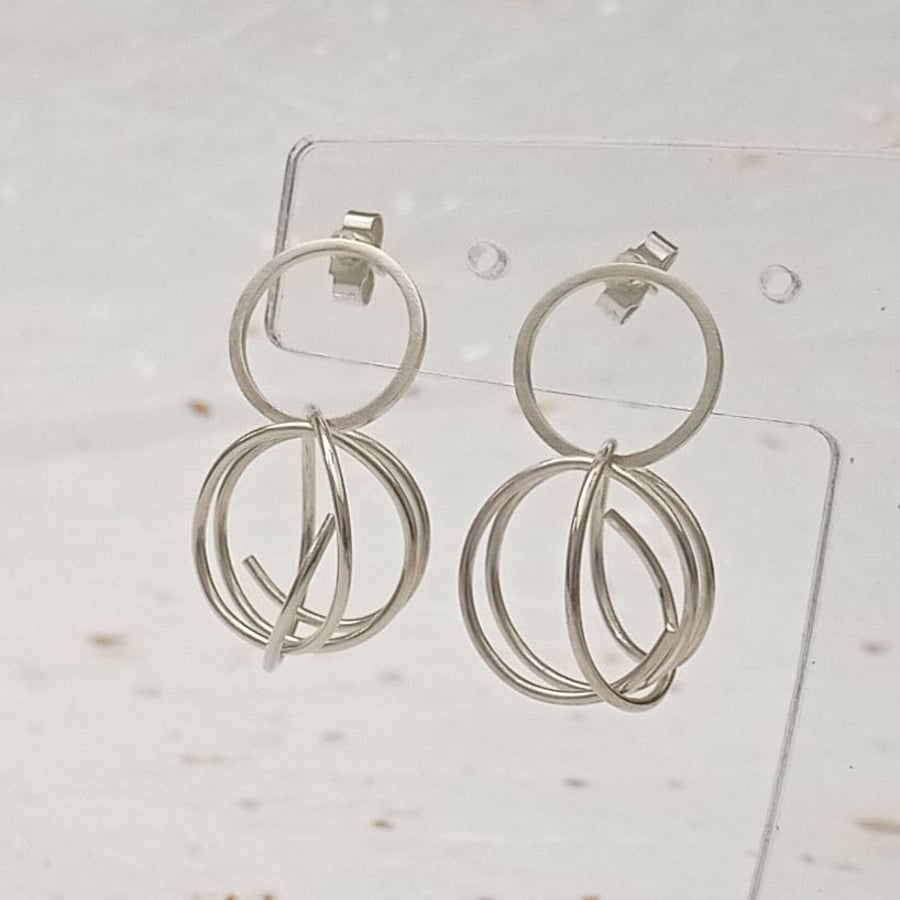 Sterling Silver Circle & Wire Drop Earrings - Recycled Silver Jewellery 