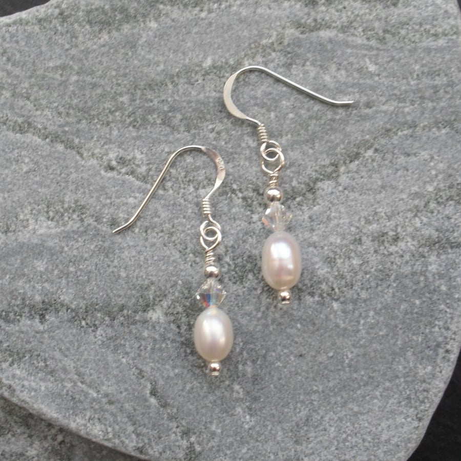 Sterling Silver Freshwater Pearl and Crystal Earrings Swarovski Elements