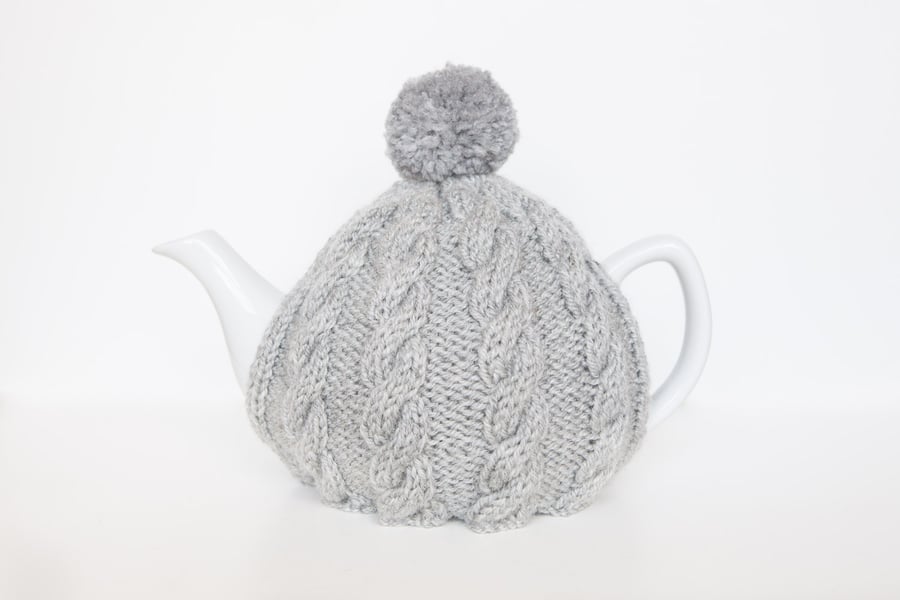 Light Grey hand knitted tea cosy - Pom pom tea cosy - Teapot cover & warmer