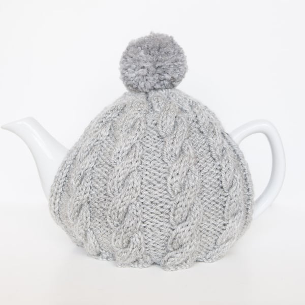 Light Grey hand knitted tea cosy - Pom pom tea cosy - Teapot cover & warmer