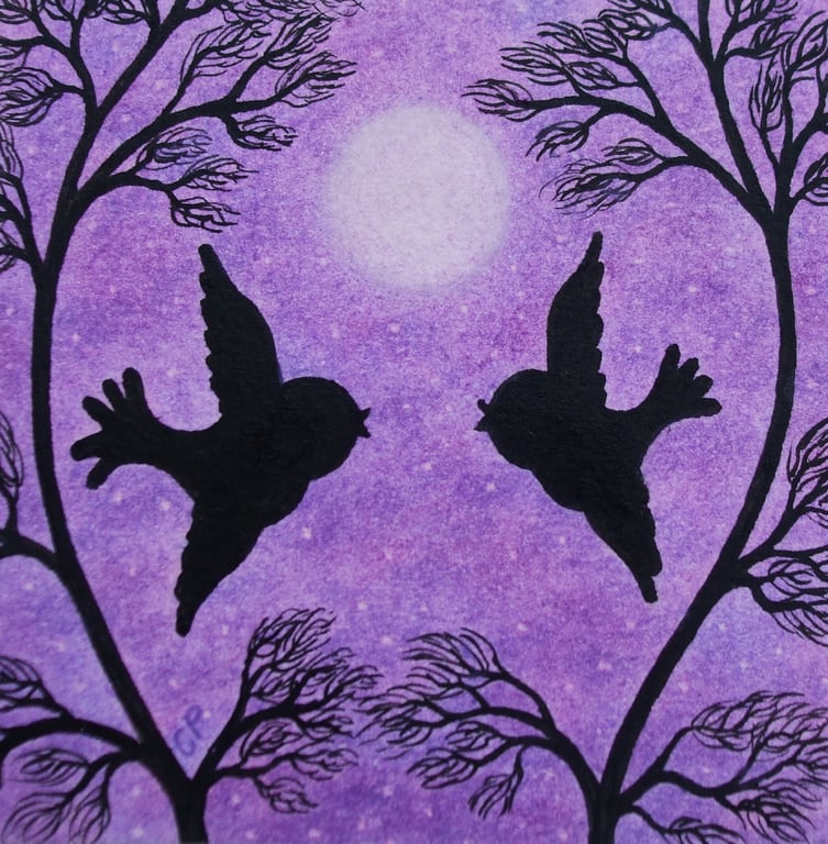 Birds Card, Romantic Moon, Purple Love Birds Art Card, Engagement Annmivery Card