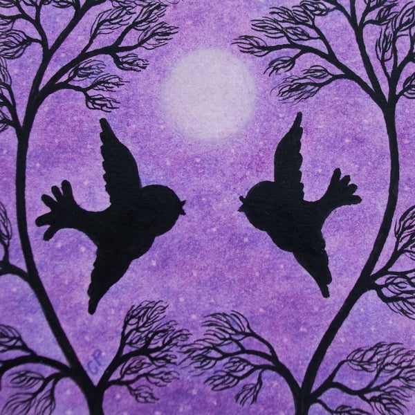 Birds Card, Romantic Moon, Purple Love Birds Art Card, Engagement Annmivery Card