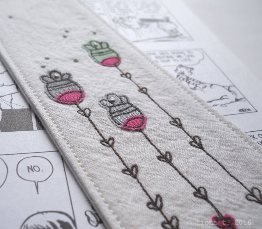 freehand embroidered floral fabric bookmark - green