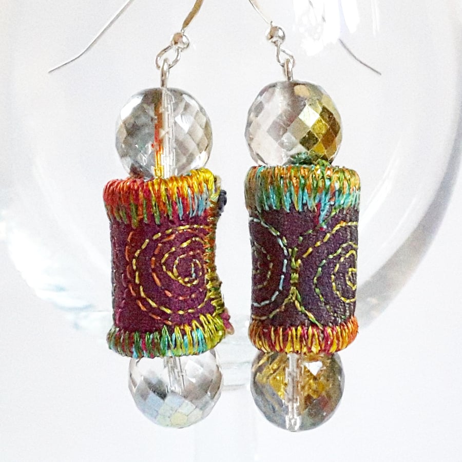 Textile & Faceted Glass Crystal Bead Earrings 