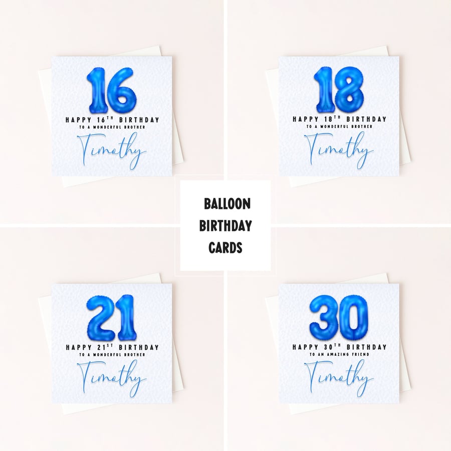 16th Birthday Card – Blue Foil Balloon Number – Milestone Birthday Card
